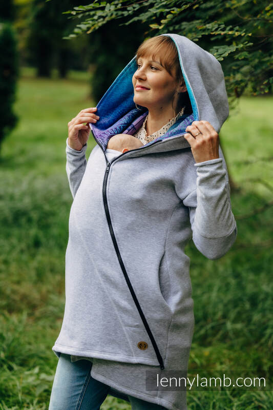 Lenny Lamb - Asymmetrical Hoodie - Grey Melange with Peacock's Tail Fantasy - size XXS XXS Lenny Lamb - Asymmetrical Hoodie - Grey Melange with Peacock's Tail Fantasy - size XXS XXS
